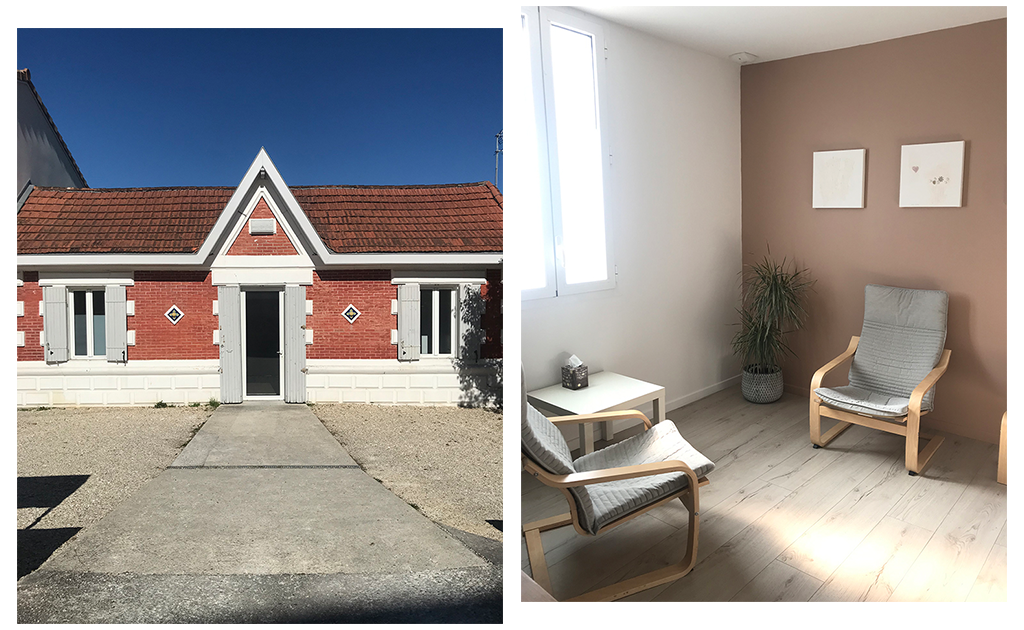 Photos du cabinet où exerce Perrine Denis-Monfrais : une pièce lumineuse à la décoration sobre et apaisante.