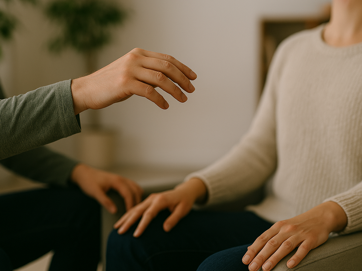 Photographie d'une séance d'hypnose thérapeutique : le patient est assis face au praticien